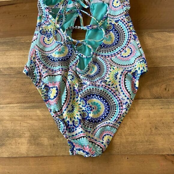 Bar III Women's Printed Plunge Lace Up Back One-Piece Swimsuit, Blue Multi, Smal - Picture 6 of 7